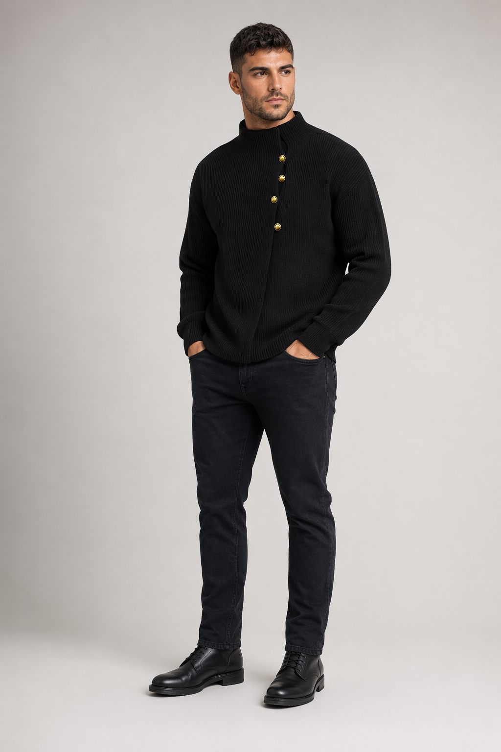 Buttoned Wrap Collar Sweater for Men with Stylish Details Black