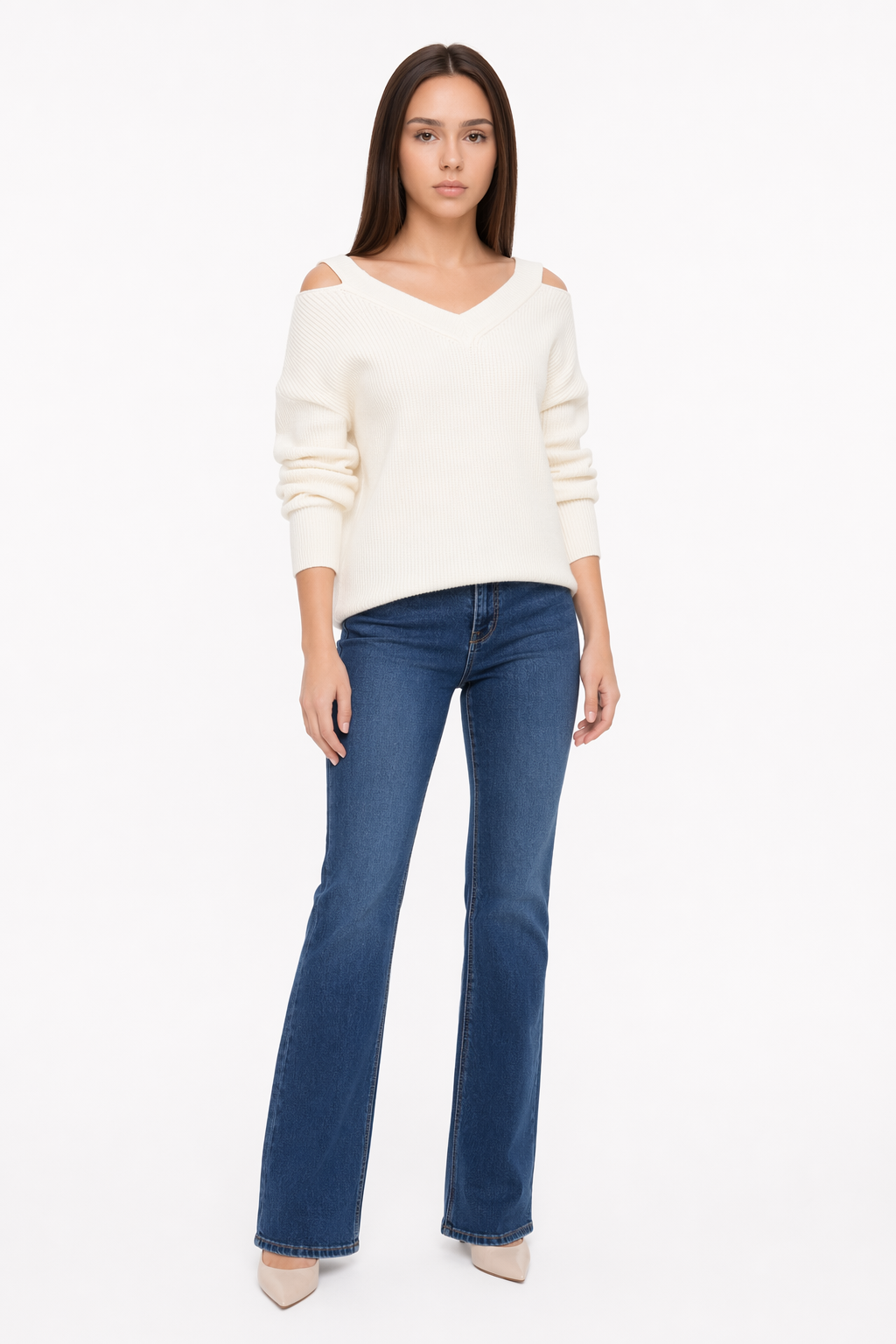Cut V-Neck Sweater for Women White