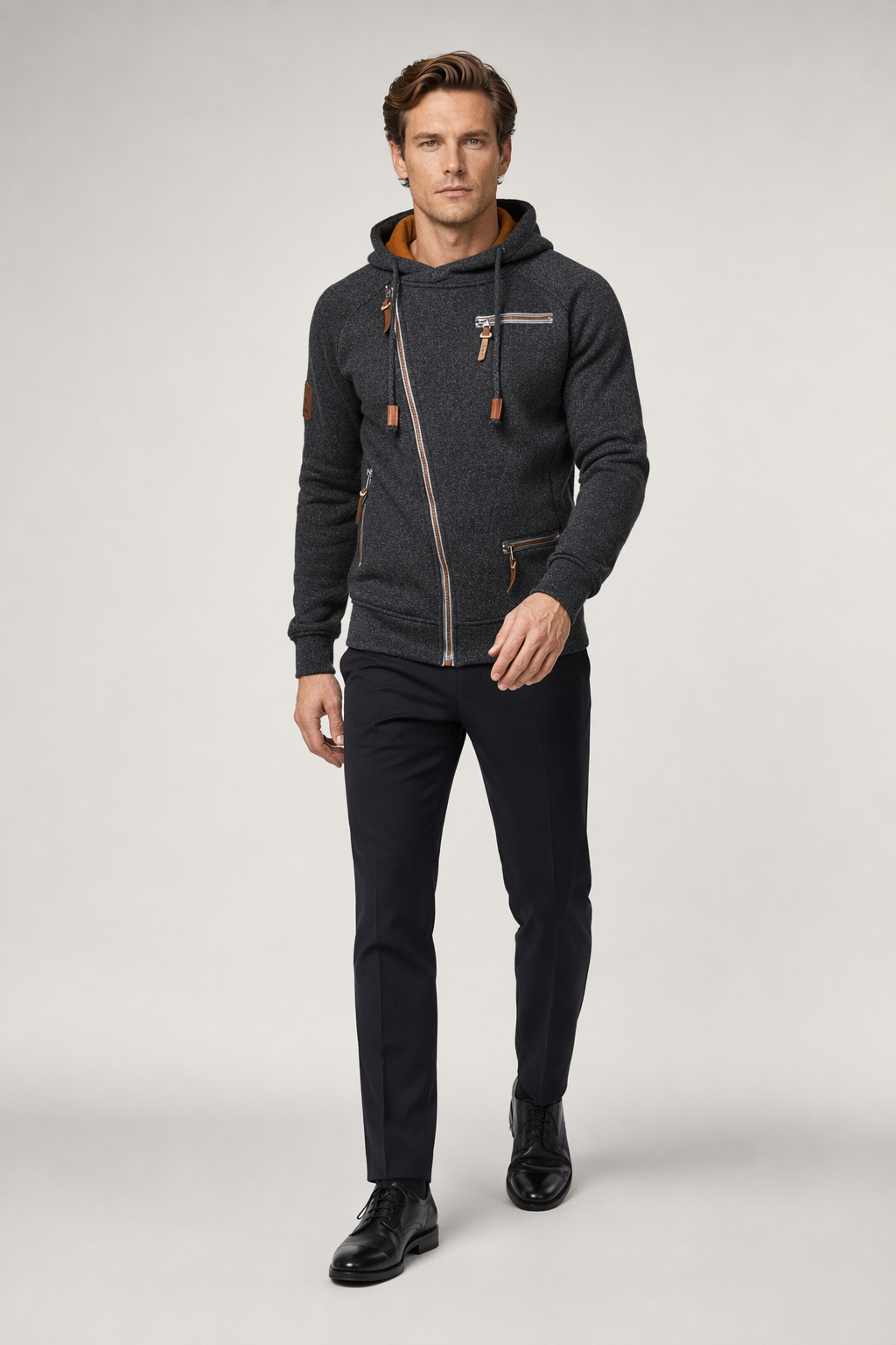 Faux Leather Detailed Zip-Up Men's Hoodie Black