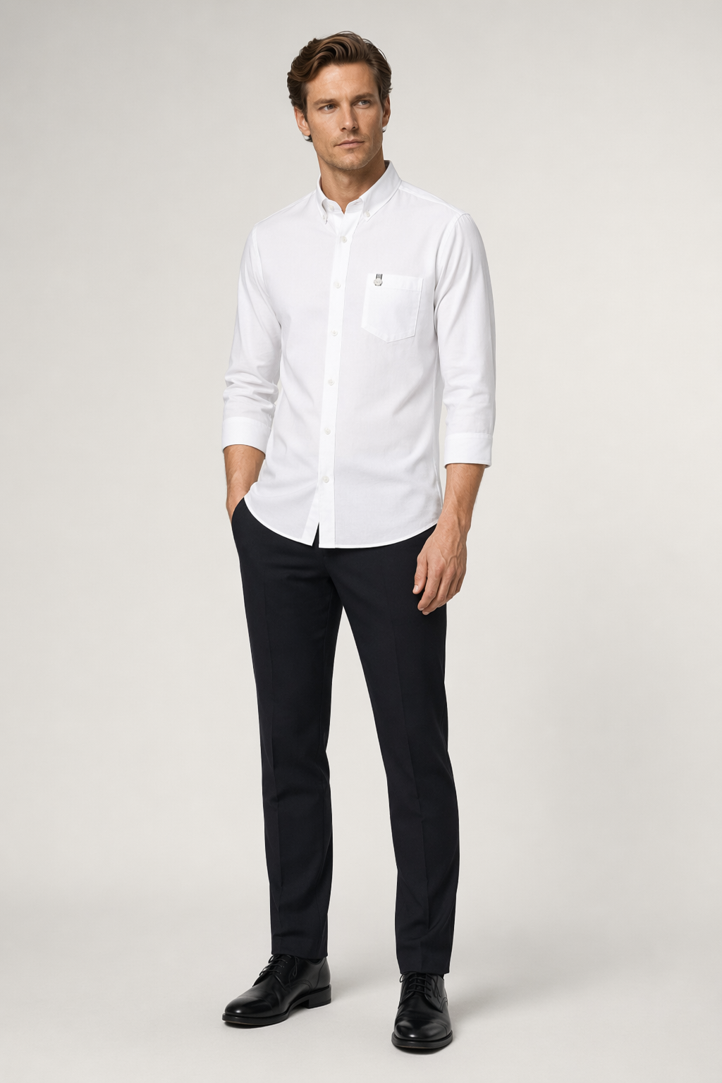 Slim Fit Button-Up Shirt with Three-Quarter Sleeves for Men White