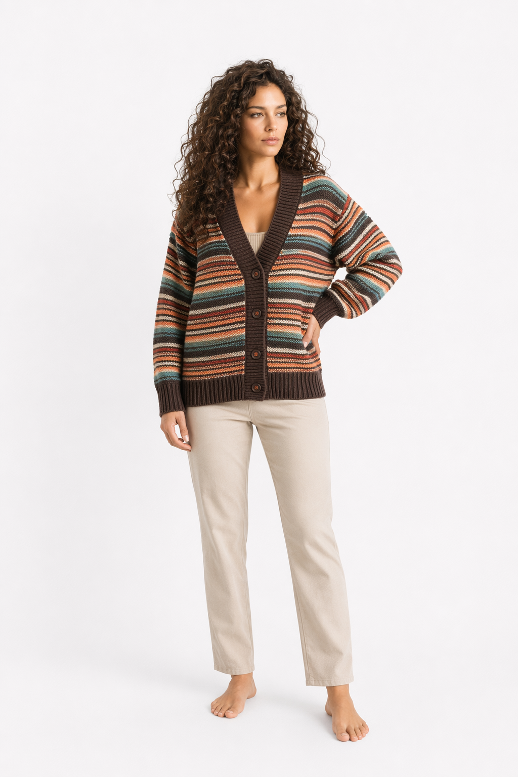 Striped Cardigan for Women with Button Front Brown