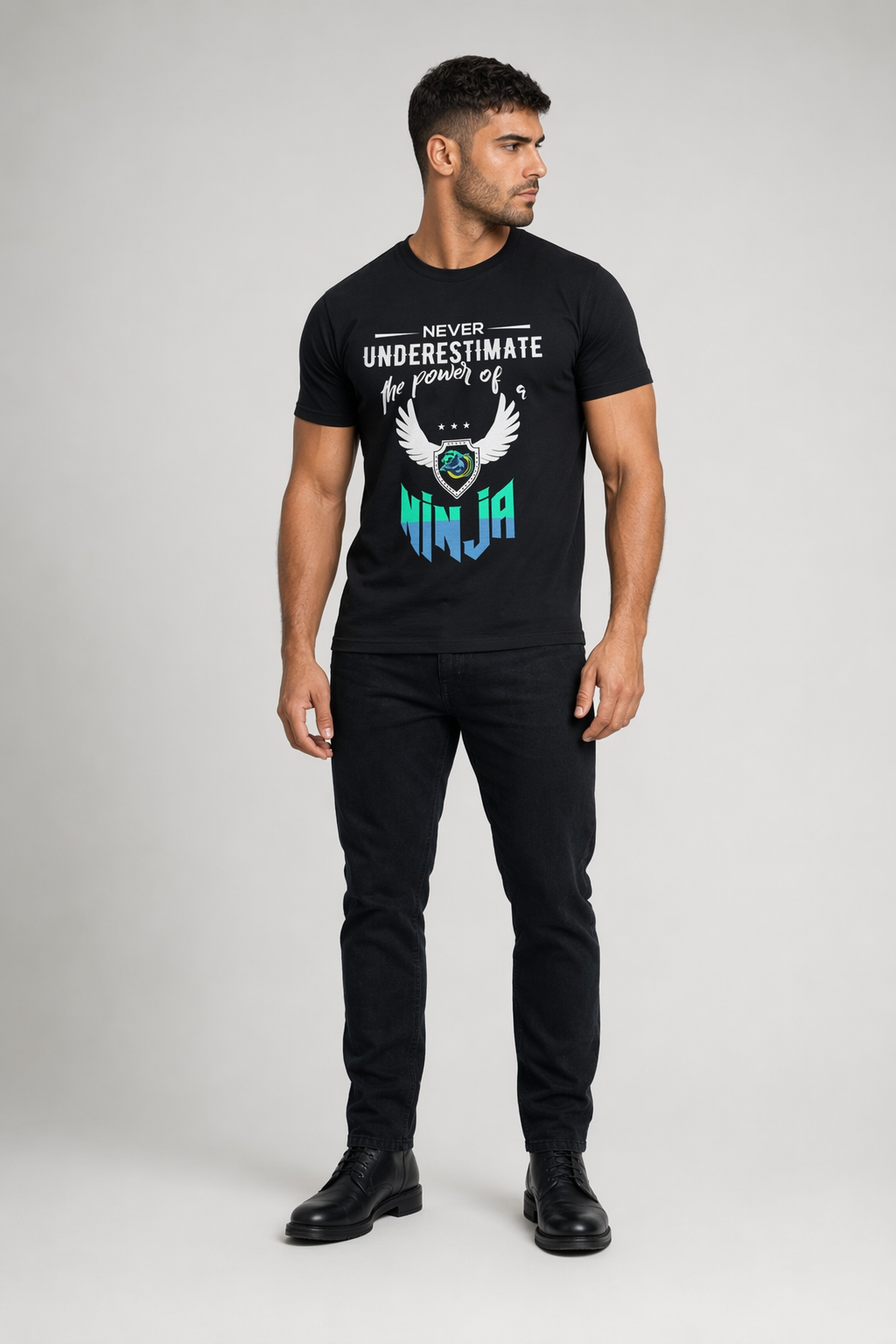 Green Text Ninja Power Short Sleeve Tee Black