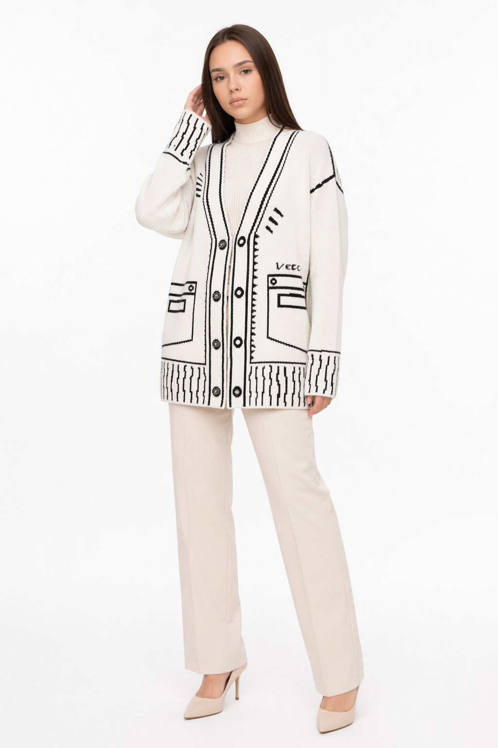 Batwing Cardigan for Women with Exquisite Print White