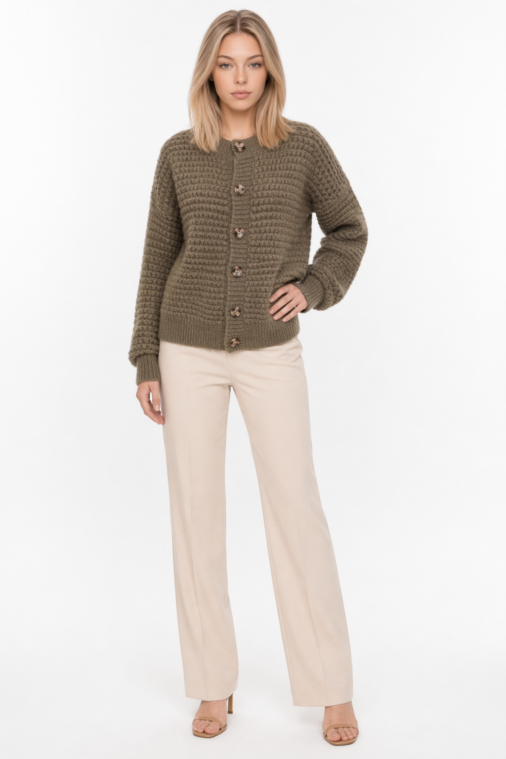 Casual Knit Button-Up Cardigan for Women Brown