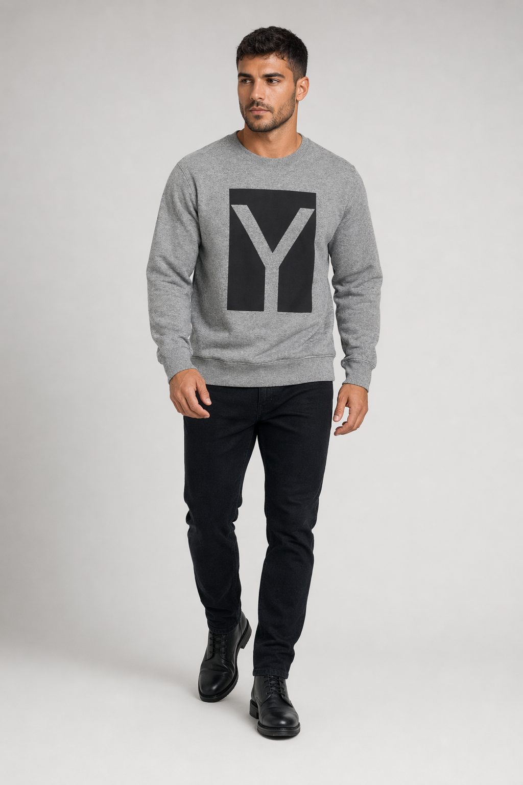 Men's Crewneck Sweatshirt with Y Logo Design Sport Grey