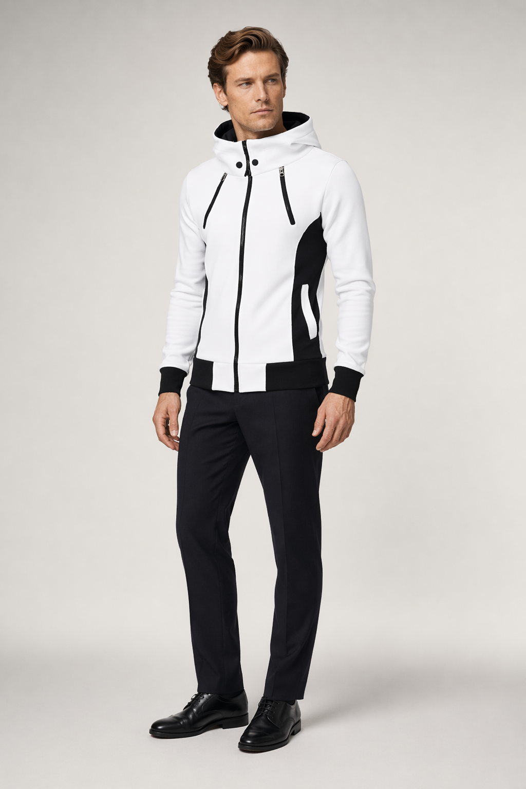 High Collar Men's Hoodie with Contrasting Cuffs White