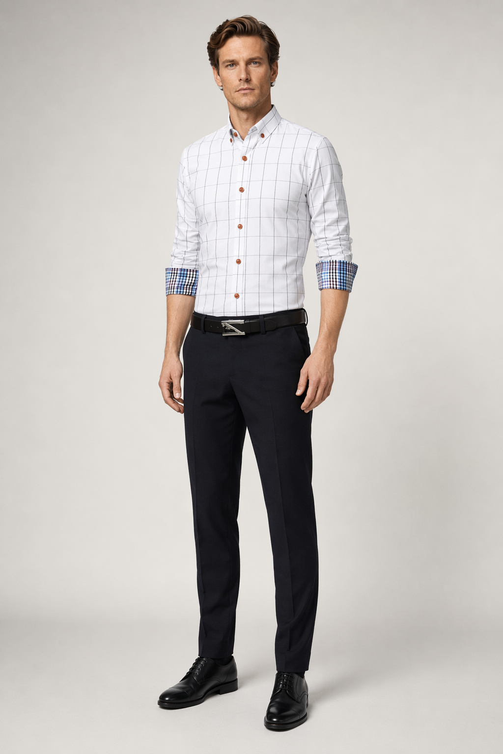 Long Sleeve Plaid Shirt for Men with Unique Inner Accents White