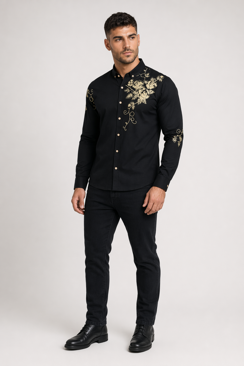 Floral Print Men's Button-Down Shirt Black