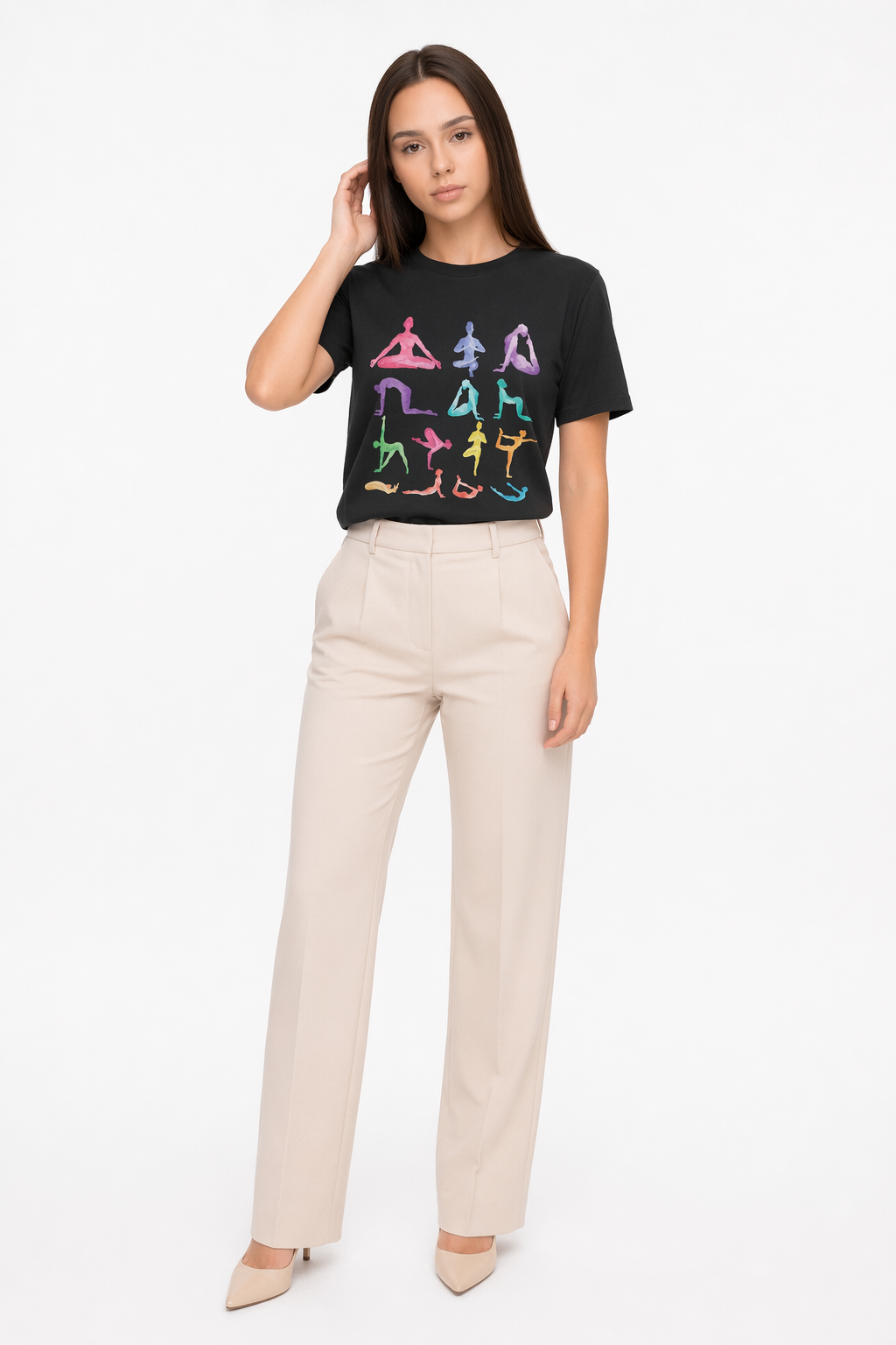 Short Sleeve Tee Featuring Yoga Postures Print Black