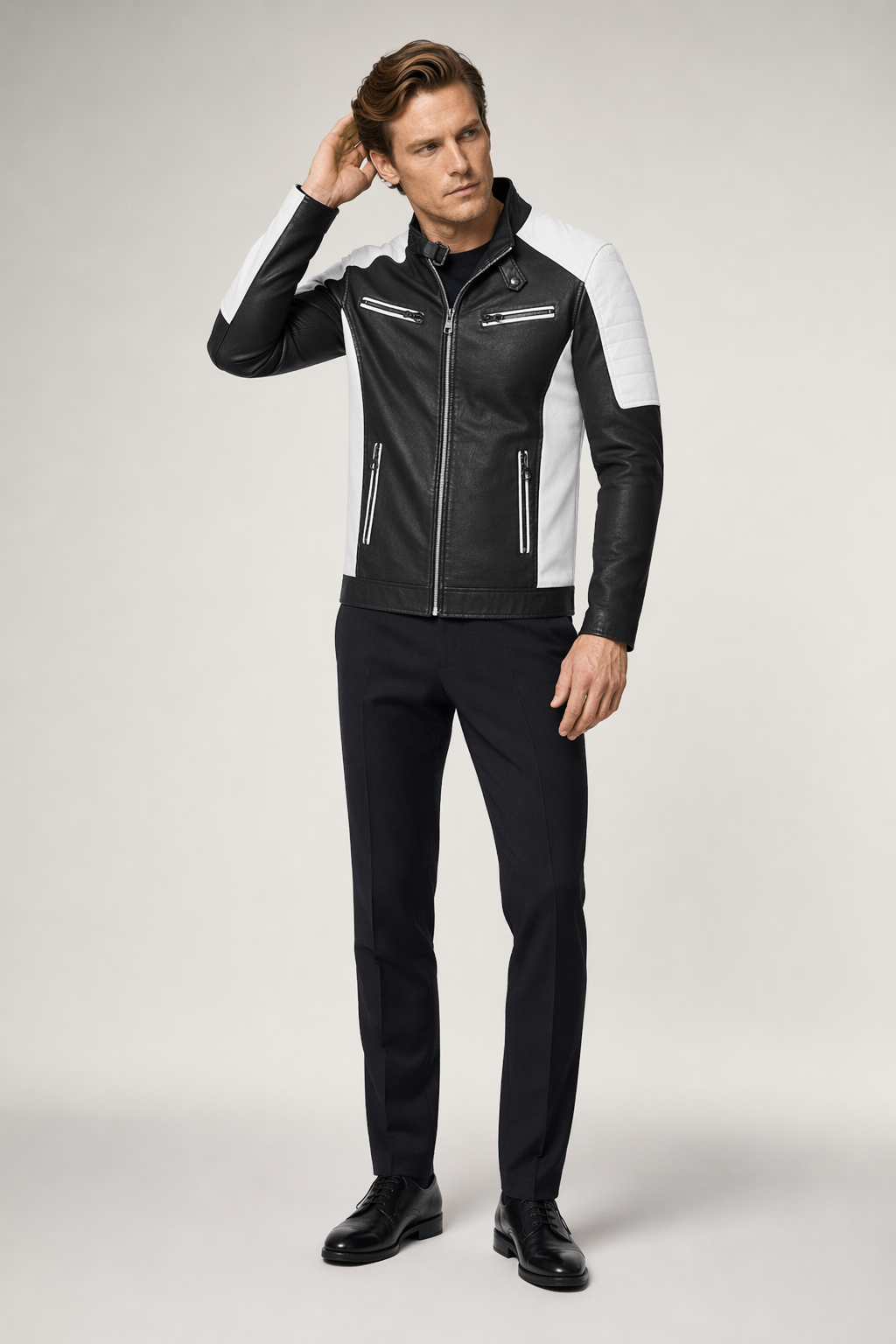 Two-Toned Faux Leather Motorcycle Jacket for Men White
