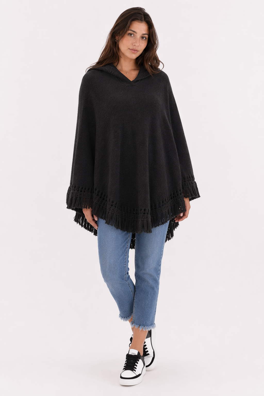 Women's Fringed Hooded Cape Black