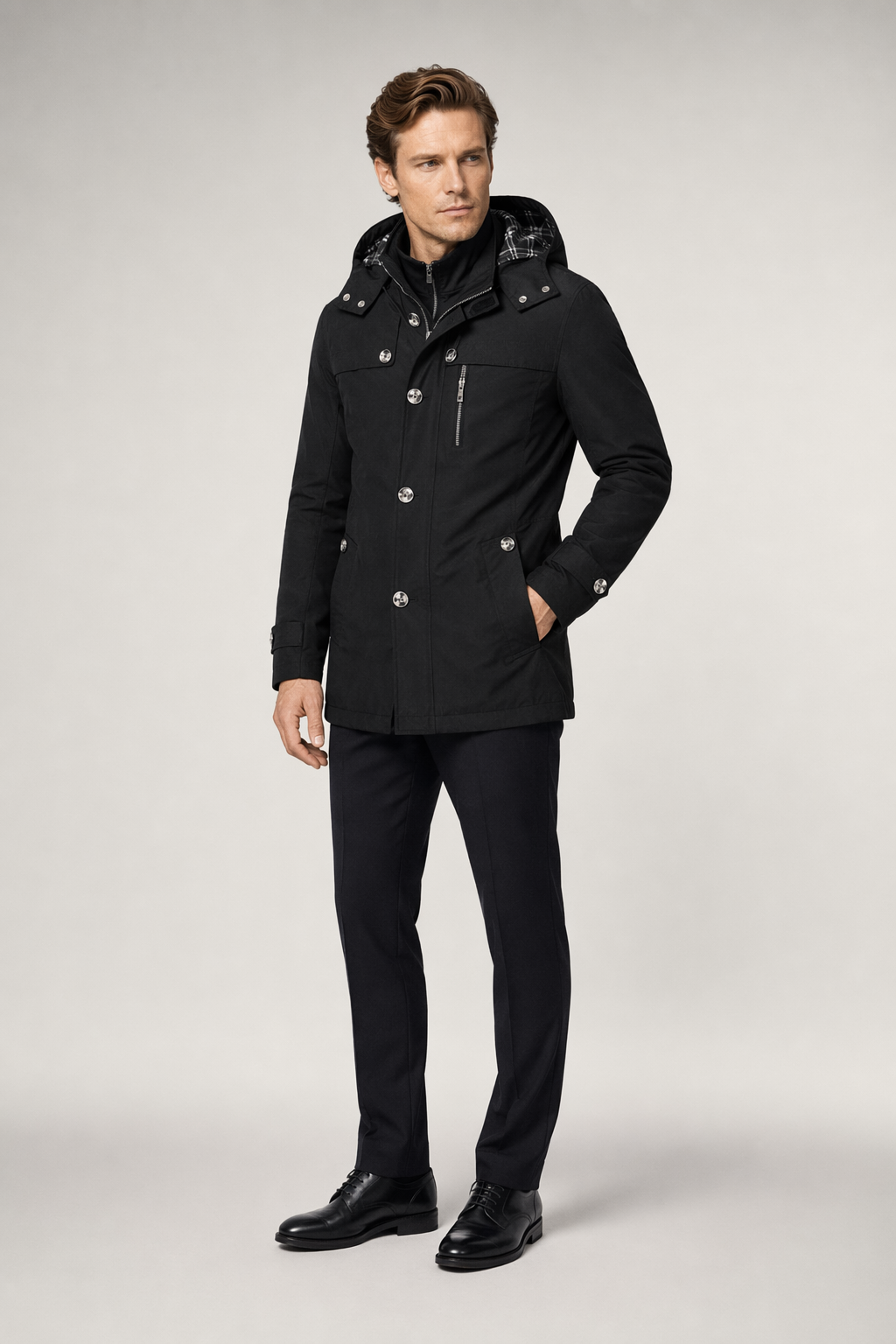 Winter Trench Coat with Mid Length and Hood for Men Black