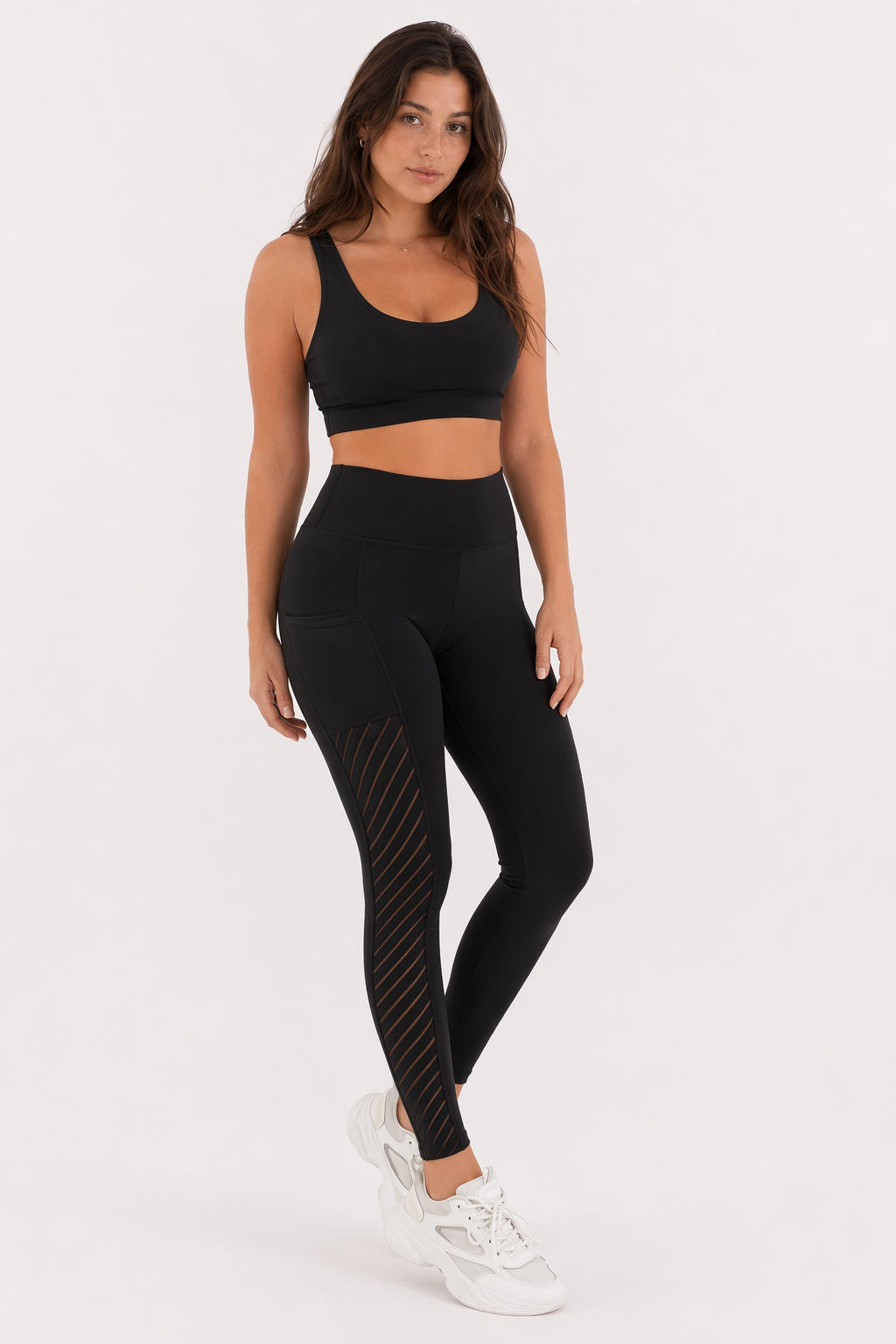 Mesh Panel High-Waisted Yoga Leggings featuring Pockets Black