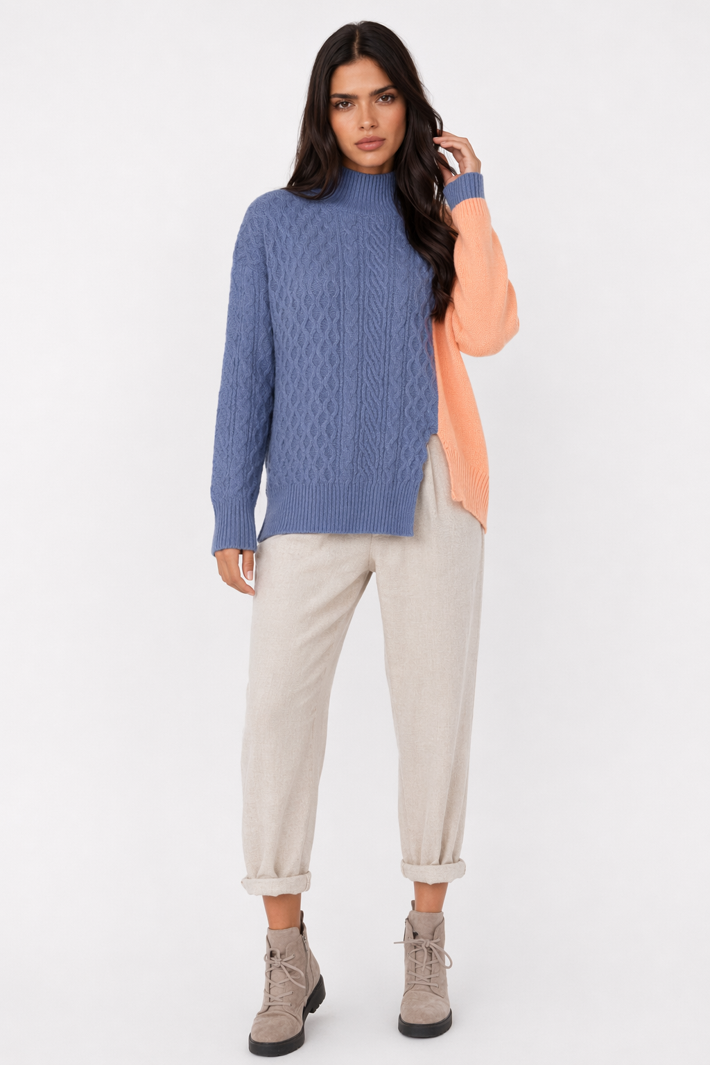 Two Color Cable Knit Pullover for Women Blue