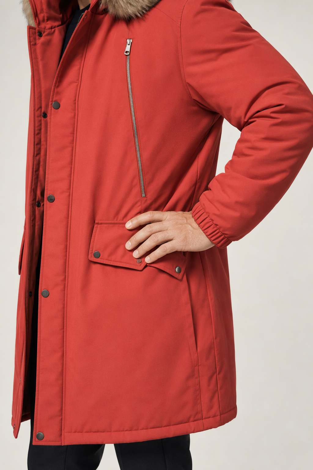 Long Parka Jacket for Men with Faux Fur Hood Red