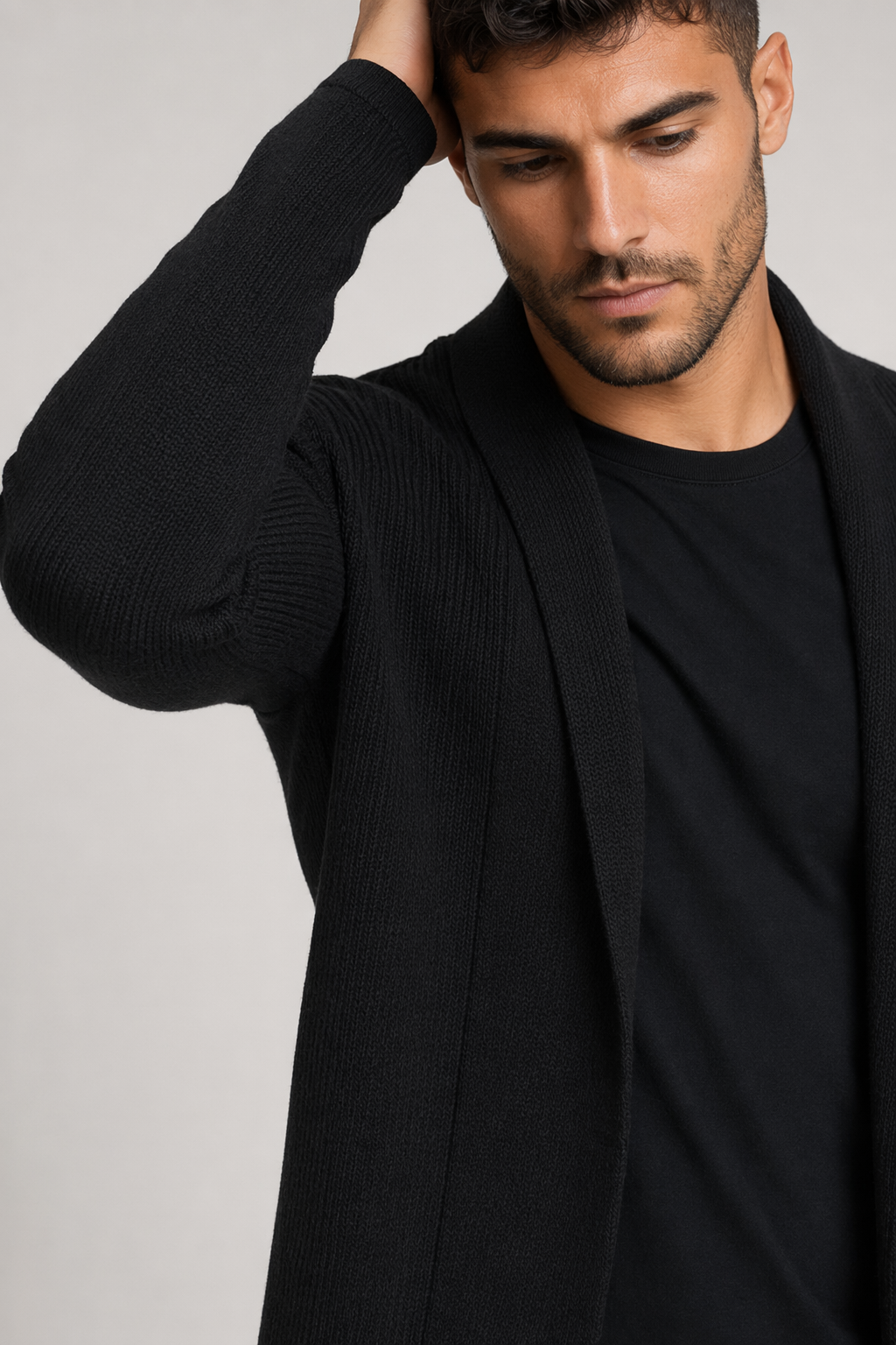 Black Shawl Collar Cardigan for Men with Mid Length Default