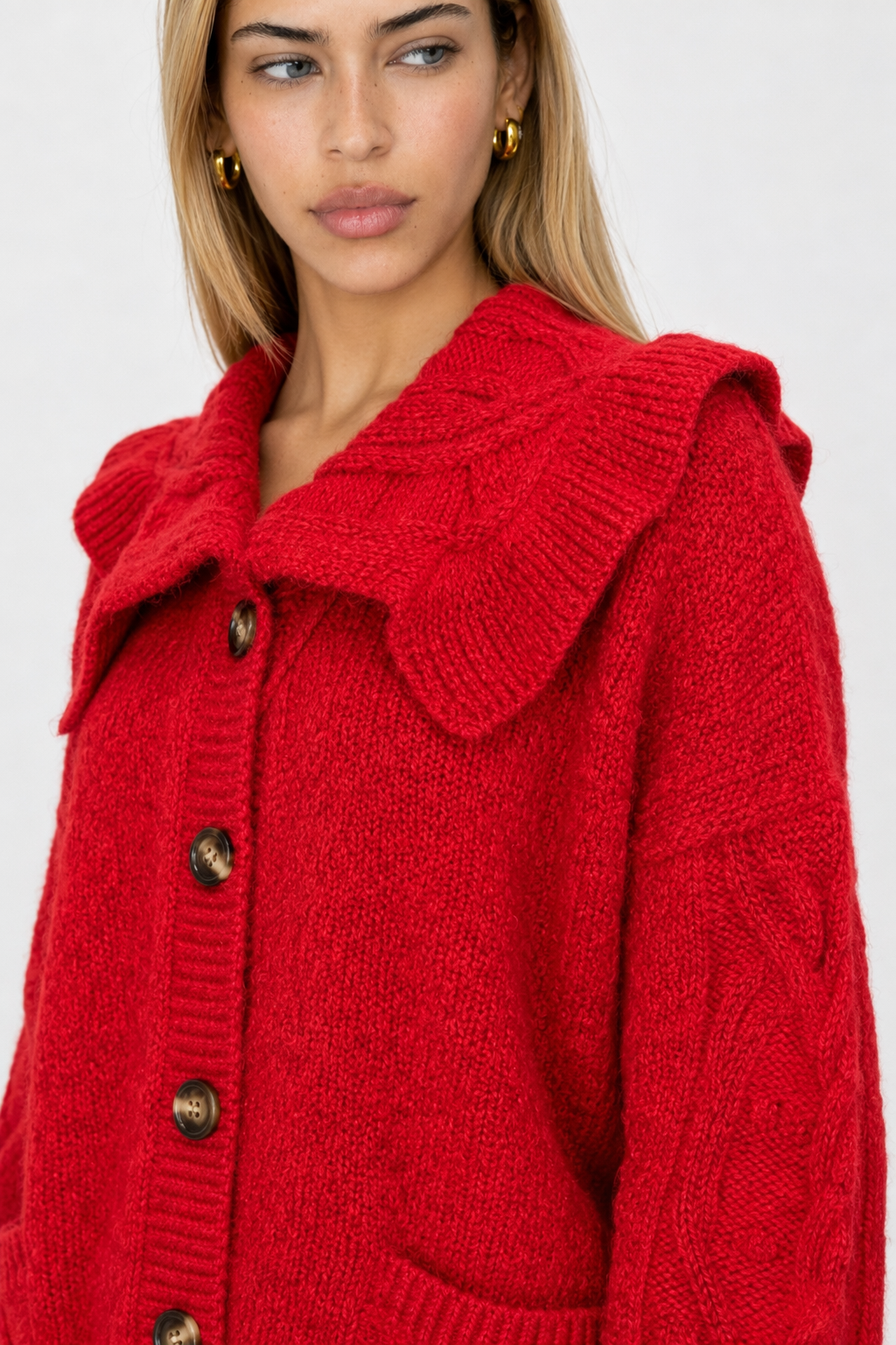 Ruffled Collar Ladies' Cardigan Red
