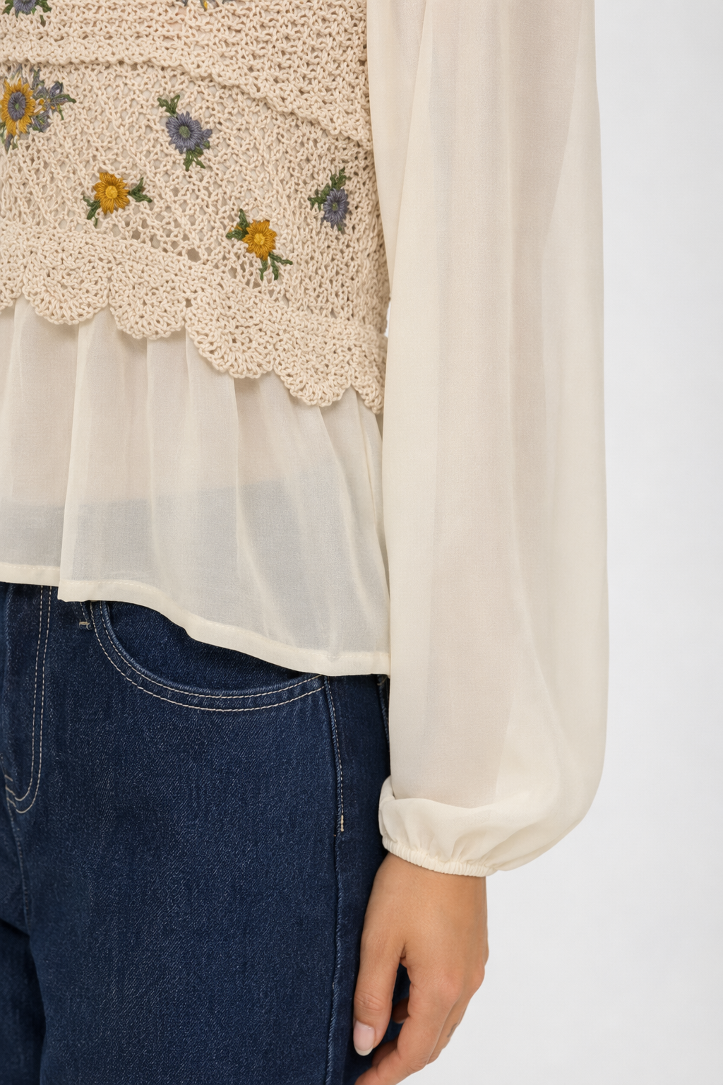Crocheted Women's Top with Layered Floral Chiffon Beige