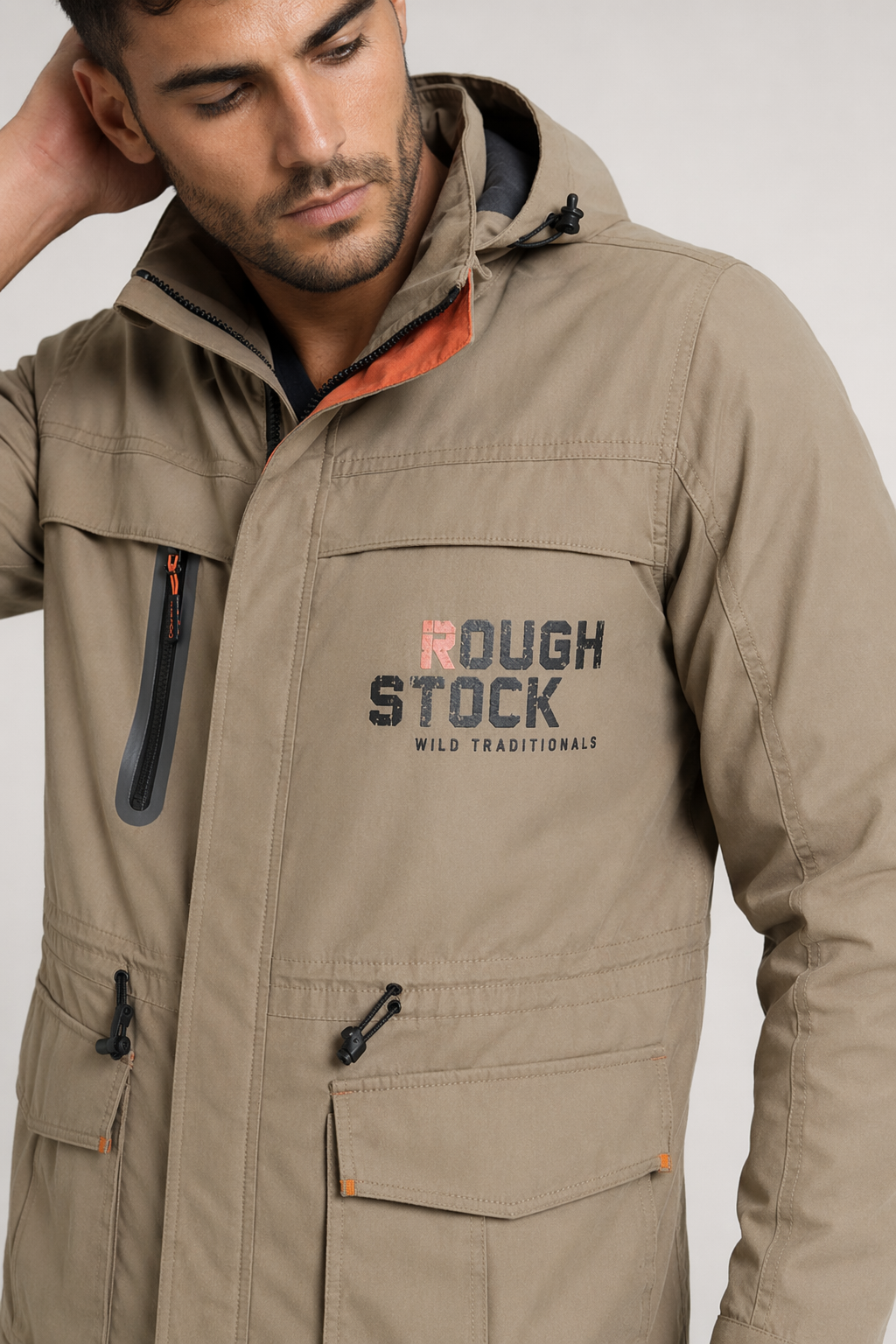 Windproof Hooded Men's Jacket with Detachable Hood Khaki