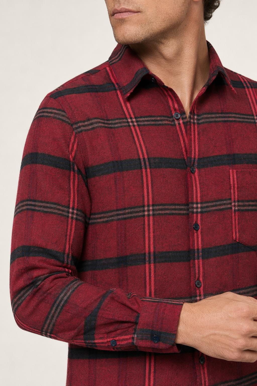 Casual Plaid Shirt with Long Sleeves for Men Red