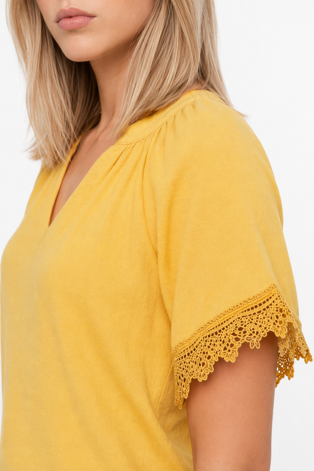 Ladies' V-Neck Tee with Delicate Lace Accents Yellow