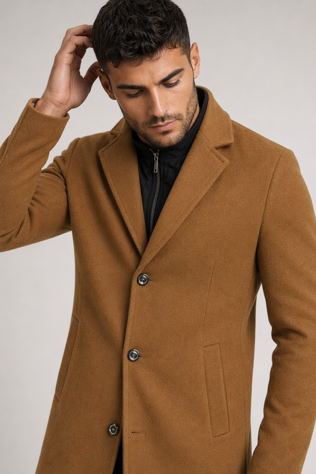 Mens Brown Classic Mid Length Wool Blend Coat with Dual Collar Camel