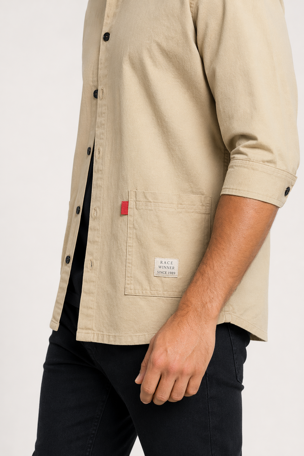 Quarter Sleeve Men's Shirt with Dual Front Pockets Khaki