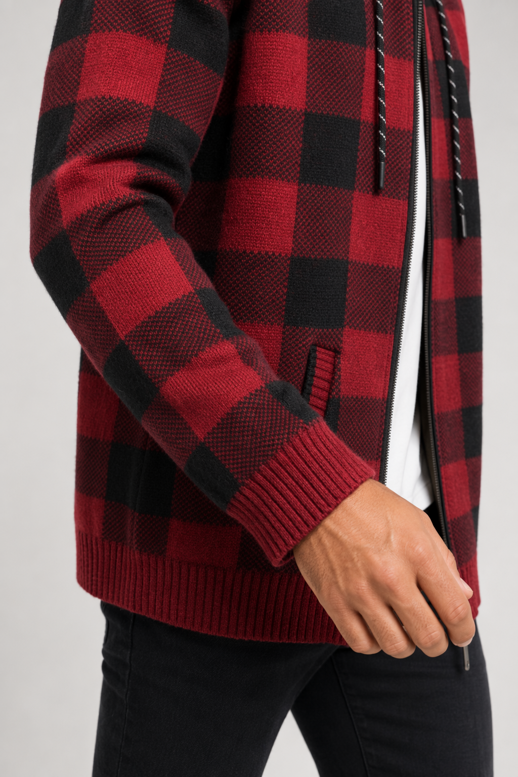 Plaid Zip-Up Jacket for Men with a Hood Red
