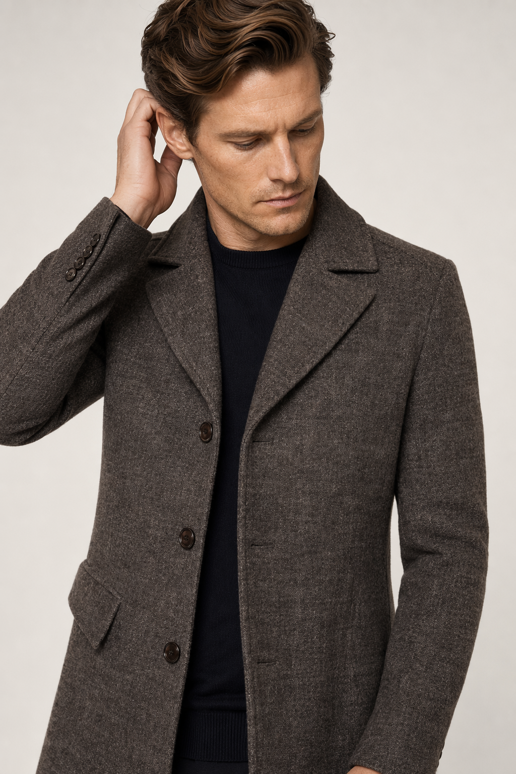 Layered Look Military Coat for Men with Classic Button Front Khaki