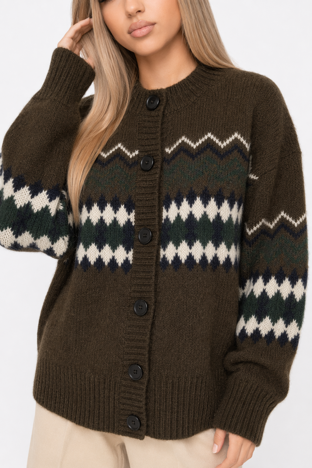 Horizontal Patterned Button-Front Women's Cardigan Brown
