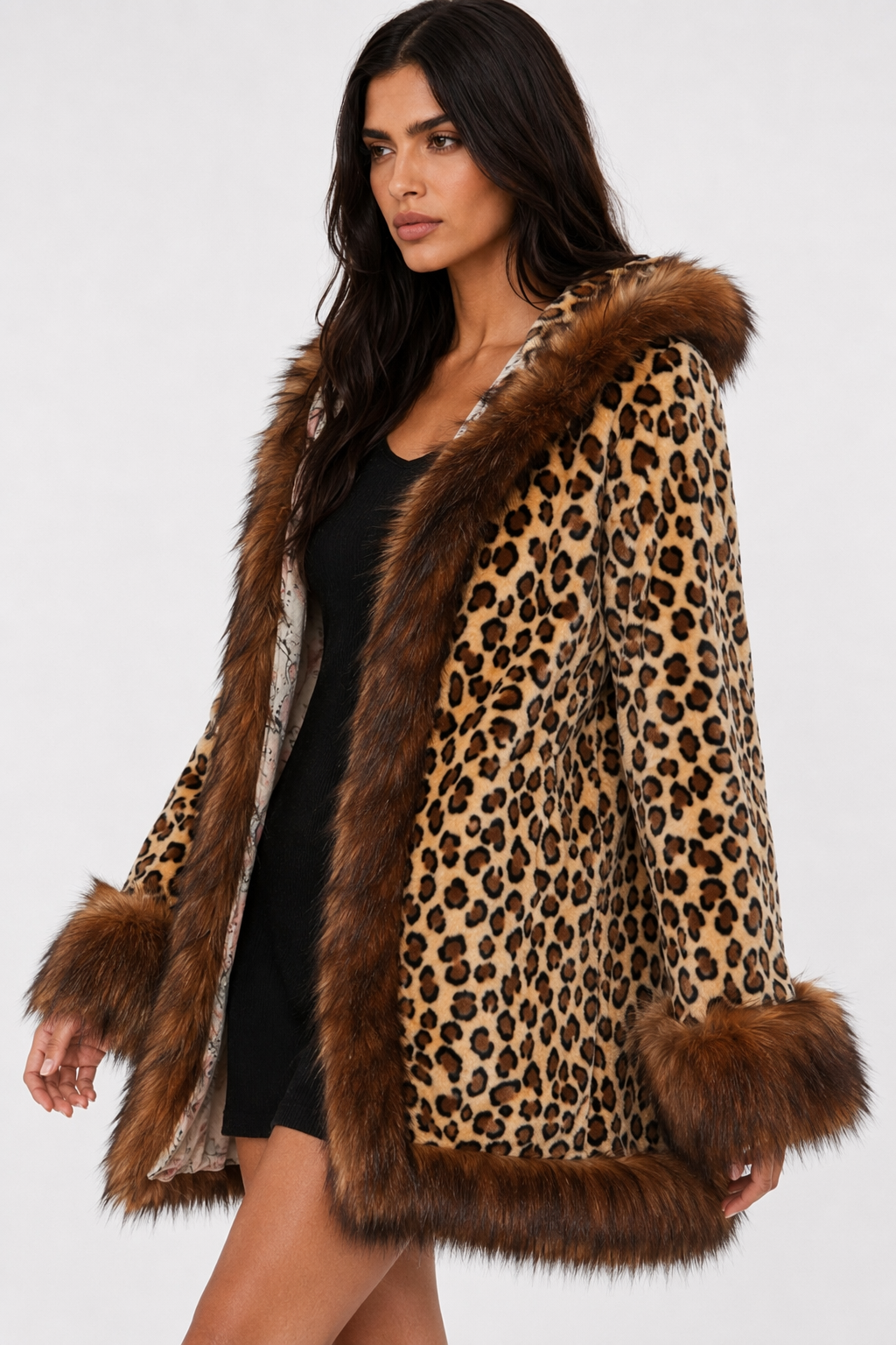 Leopard-Print Women's Hooded Jacket with Faux Fur Collar Default