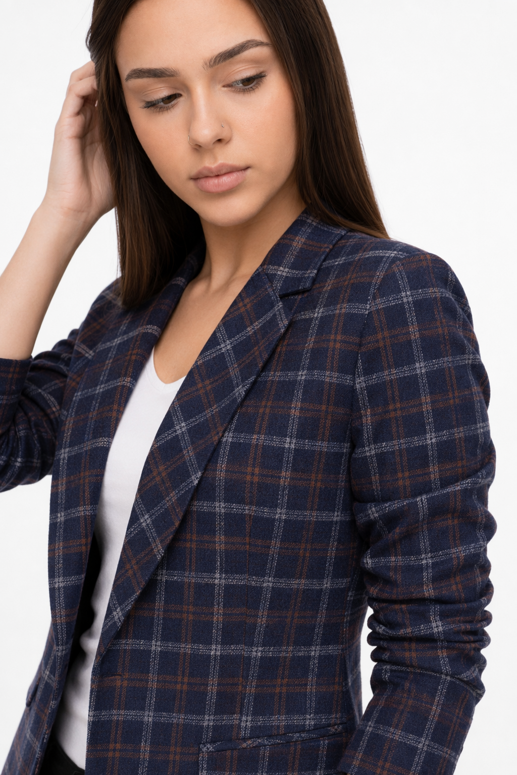 Slim Fit Checkered Blazer for Women Navy