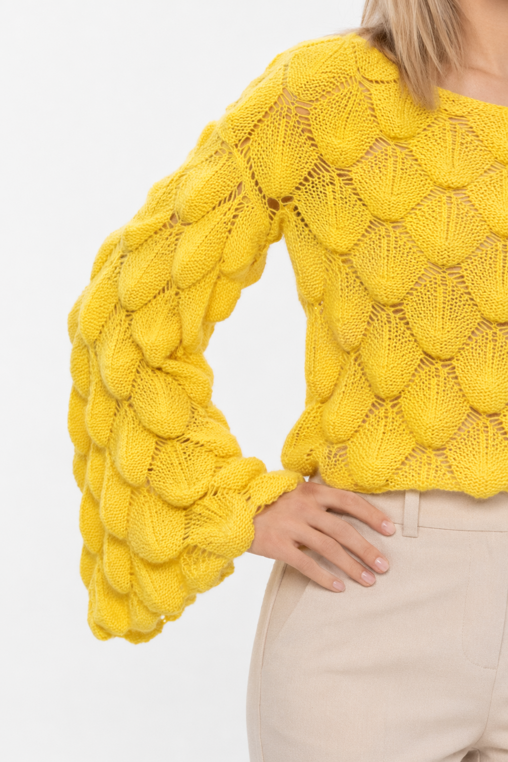 Open Knit Bell Sleeve Blouse for Women Yellow