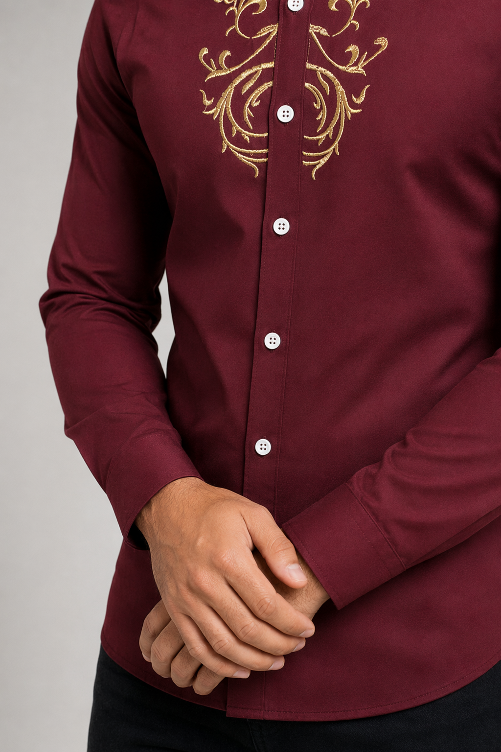 Slim Fit Men's Floral Embroidered Button Down Shirt RED