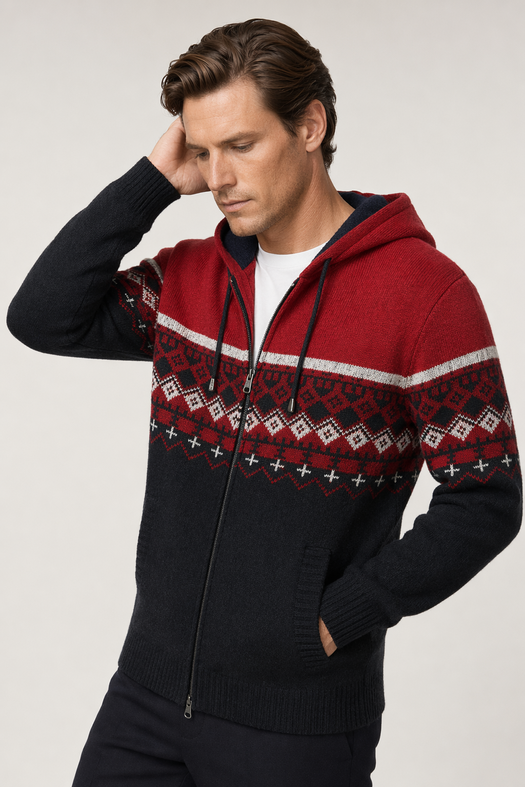 Printed Zip-Up Hooded Jacket for Men Red