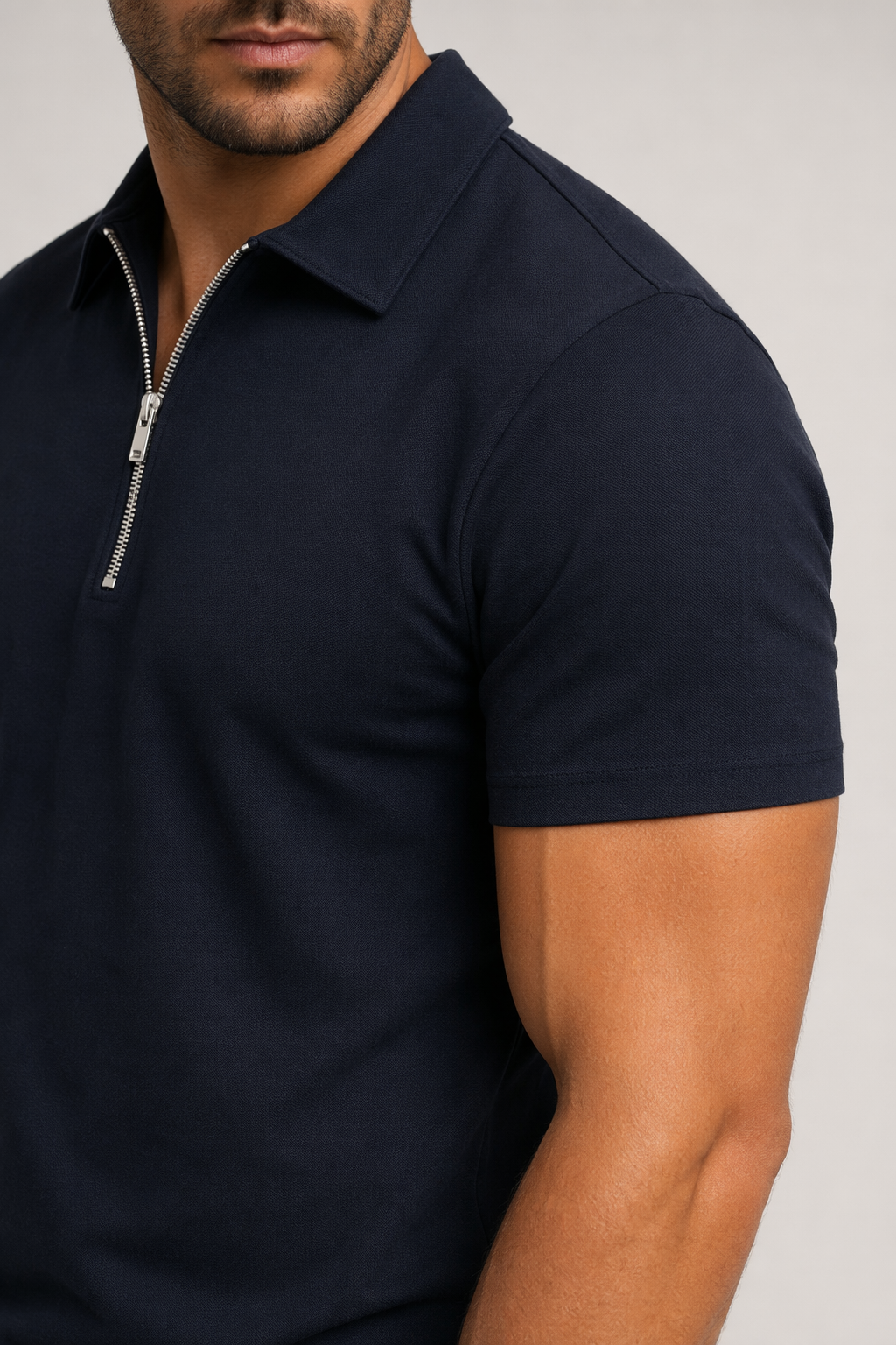 Zipper Polo Shirt for Men with Short Sleeves Navy