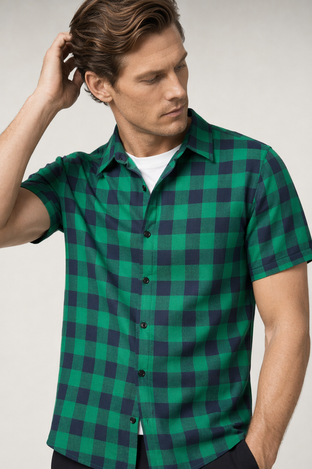 Checkered Short Sleeve Men's Shirt Green