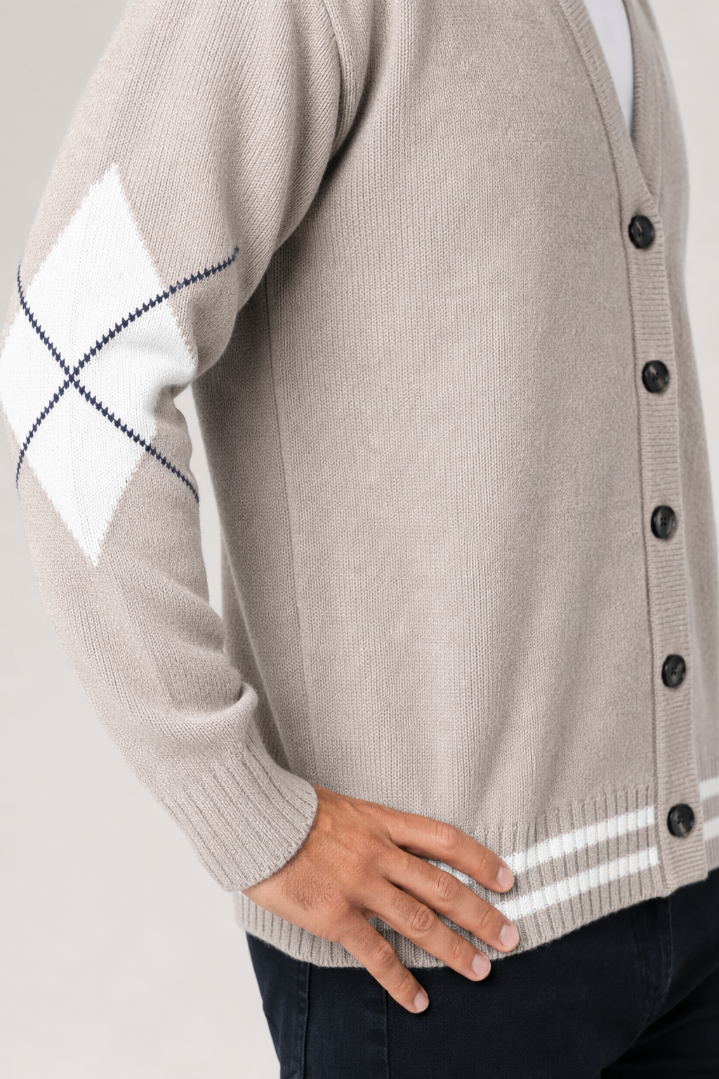 Men's Sweater with Crossed Elbow Patch and V-Neckline Beige