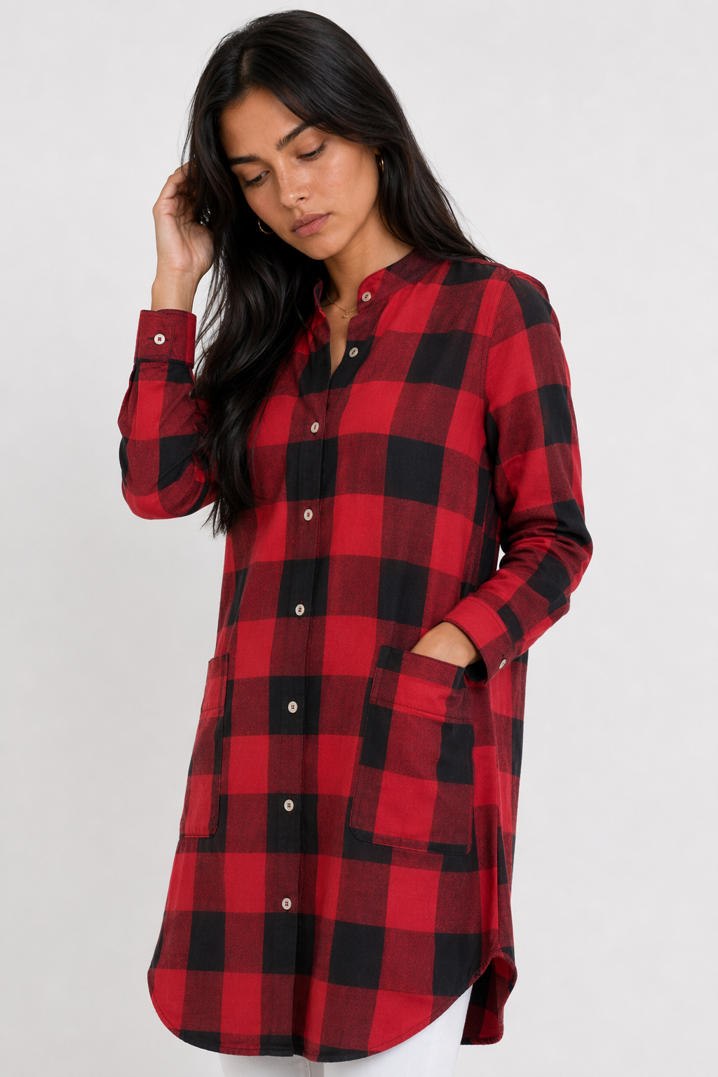 Long Checkered Women's Shirt featuring Pockets Red