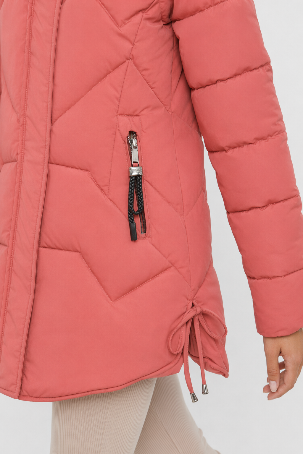 Pink Casual Puffer Jacket for Women with Faux Fur Trimmed Hood Default