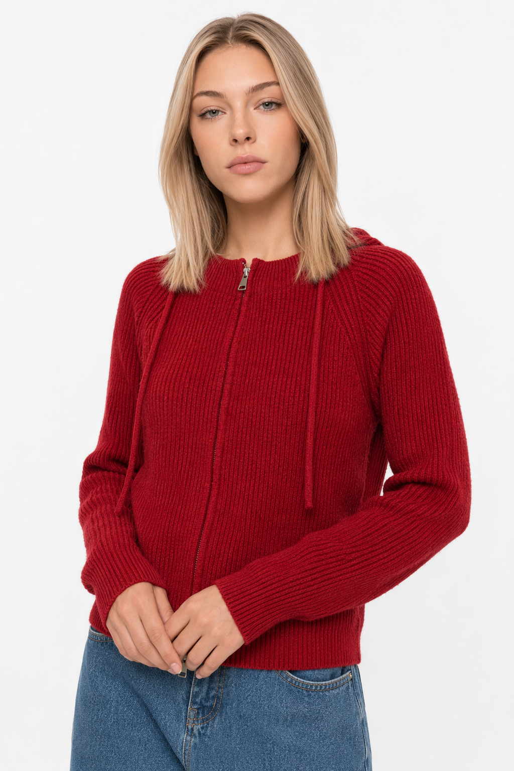 Hooded Zip-Up Cardigan for Women Red