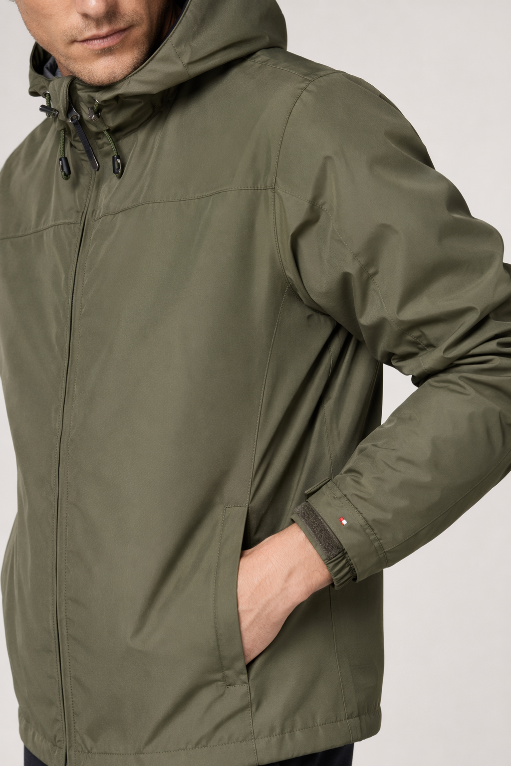 Windproof Hooded Jacket for Men with Elevated Collar Green