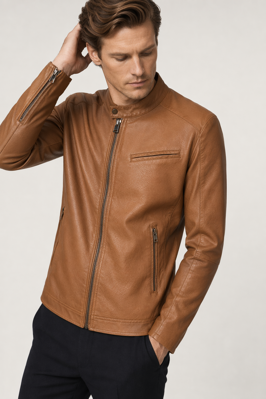 Vegan Leather Biker Jacket with Round Neck Zipper for Men Light Brown