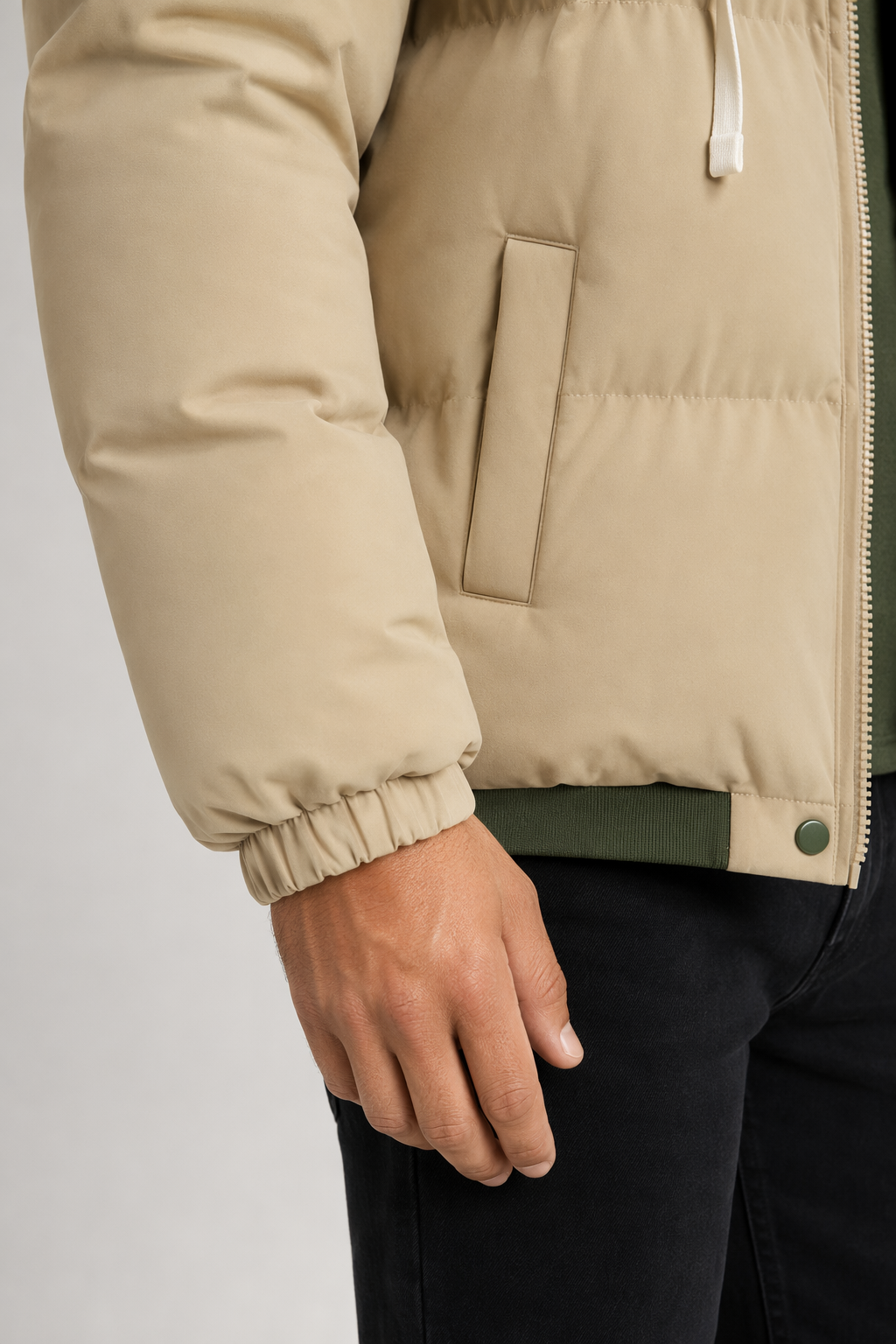 Layered Appearance Men's Hooded Puffer Jacket Khaki