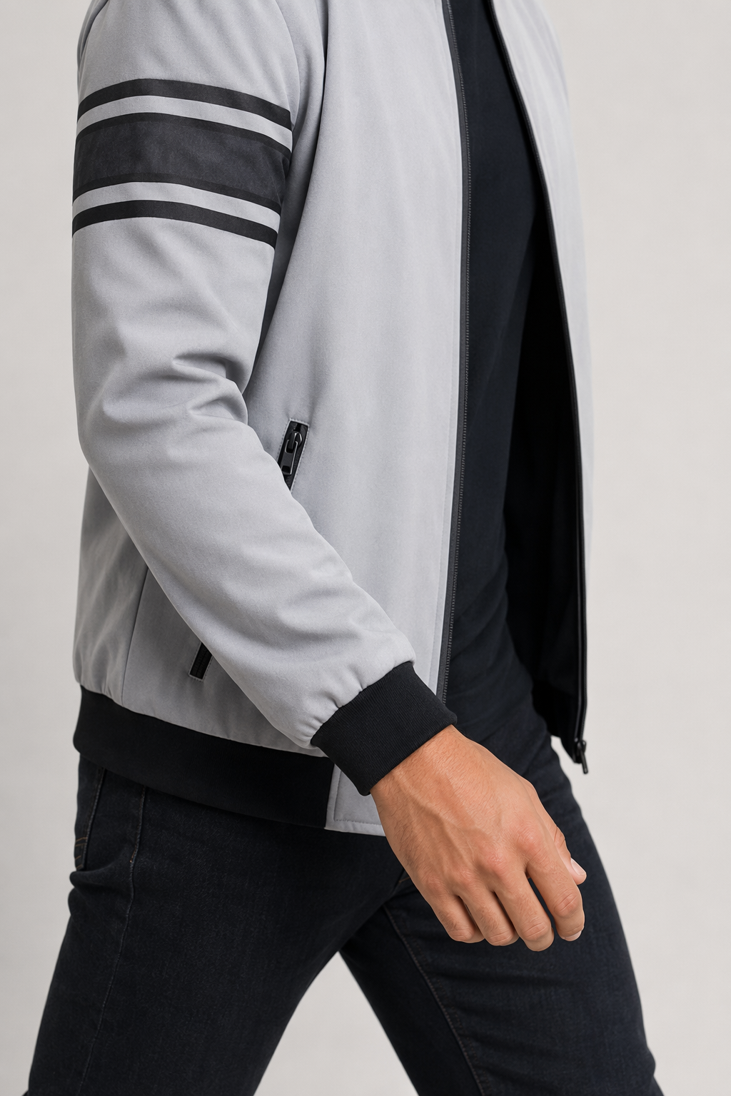 Striped Sleeve Zip-Up Bomber Jacket for Men Grary
