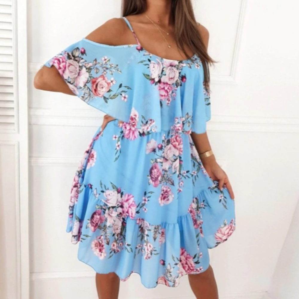 Chiffon Beach Dress with Ruffled Cold Shoulder for Women