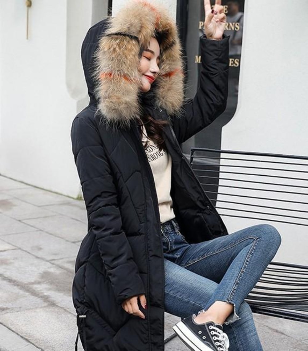 Red Faux Fur Hooded Women's Casual Puffer Jacket
