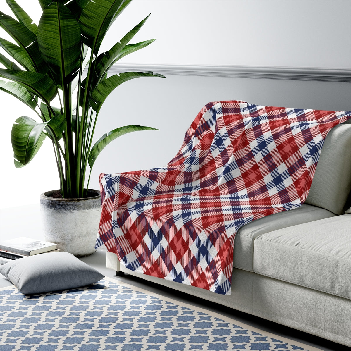 Plush Throw Blanket in Red and Blue Tartan Pattern
