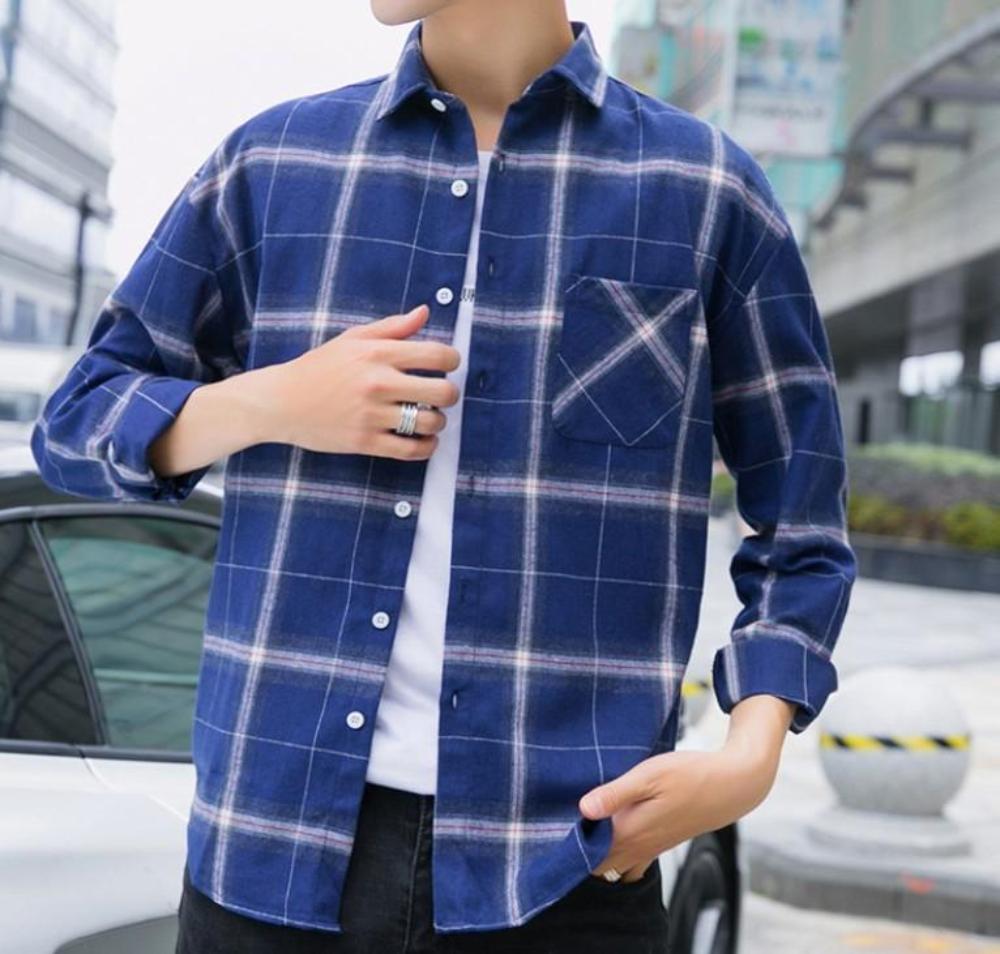 Gray Plaid Button-Up Casual Shirt for Men with Long Sleeves