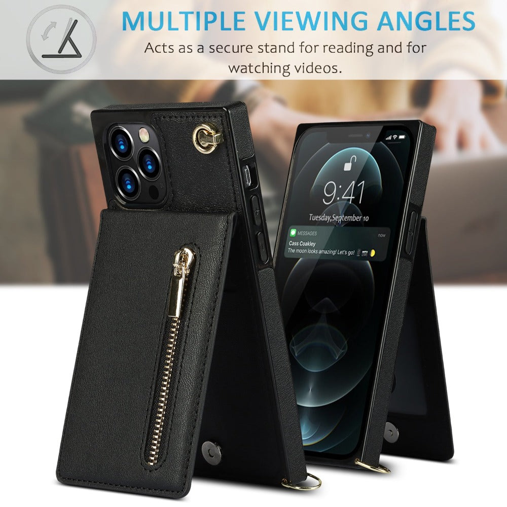 Crossbody Strap Slim Wallet Case for iPhone Series with Zipper Closure
